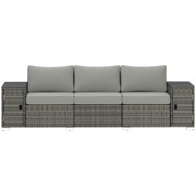 Outsunny 3 Seater Wicker Outdoor Couch Patio Sofa with Storage, Thickened Cushions and Wide Armrests for Porch Yard, Gray