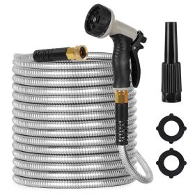 Metal Garden Hose, 100ft Stainless Steel Flexible Water Hose With 10 Adjustable Patterns Spray Nozzle, Heavy Duty Water Pipe , Kink Free , 2 Nozz (Option: 50FT)