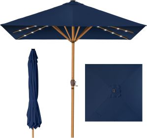 9ft Deep Square Solar Powered LED Lighted Patio Umbrella w/Faux Wood Texture, UV-Resistant Fabric, Hand Crank (Color: Navy Blue)