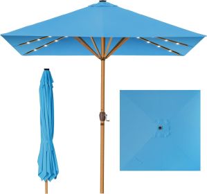 9ft Deep Square Solar Powered LED Lighted Patio Umbrella w/Faux Wood Texture, UV-Resistant Fabric, Hand Crank (Color: Sky Blue)