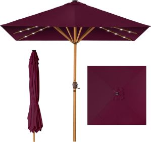 9ft Deep Square Solar Powered LED Lighted Patio Umbrella w/Faux Wood Texture, UV-Resistant Fabric, Hand Crank (Color: Burgundy)