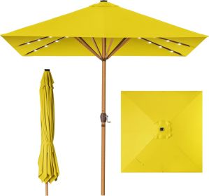 9ft Deep Square Solar Powered LED Lighted Patio Umbrella w/Faux Wood Texture, UV-Resistant Fabric, Hand Crank (Color: Yellow)