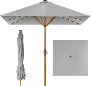 9ft Deep Square Solar Powered LED Lighted Patio Umbrella w/Faux Wood Texture, UV-Resistant Fabric, Hand Crank (Color: Fog Grey)