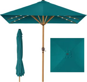 9ft Deep Square Solar Powered LED Lighted Patio Umbrella w/Faux Wood Texture, UV-Resistant Fabric, Hand Crank (Color: Cerulean)