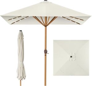 9ft Deep Square Solar Powered LED Lighted Patio Umbrella w/Faux Wood Texture, UV-Resistant Fabric, Hand Crank (Color: Ivory)