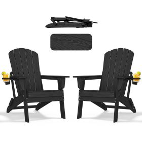 HDPE Folding Adirondack chair with Cup Holder, 2Pack (Color: Black)