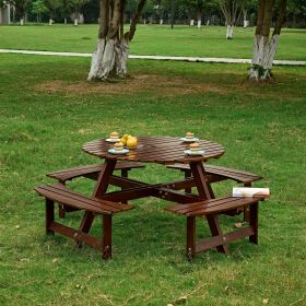 Outdoor 6 Person Picnic Table, 6 person Round Picnic Table with 3 Built-in Benches, Umbrella Hole, Outside Table and Bench Set for Garden, Backya (Person: 8, Color: Brown)