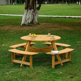 Outdoor 6 Person Picnic Table, 6 person Round Picnic Table with 3 Built-in Benches, Umbrella Hole, Outside Table and Bench Set for Garden, Backya (Person: 8, Color: Natural)