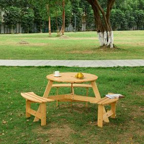 Outdoor 6 Person Picnic Table, 6 person Round Picnic Table with 3 Built-in Benches, Umbrella Hole, Outside Table and Bench Set for Garden, Backya (Person: 6, Color: Natural)